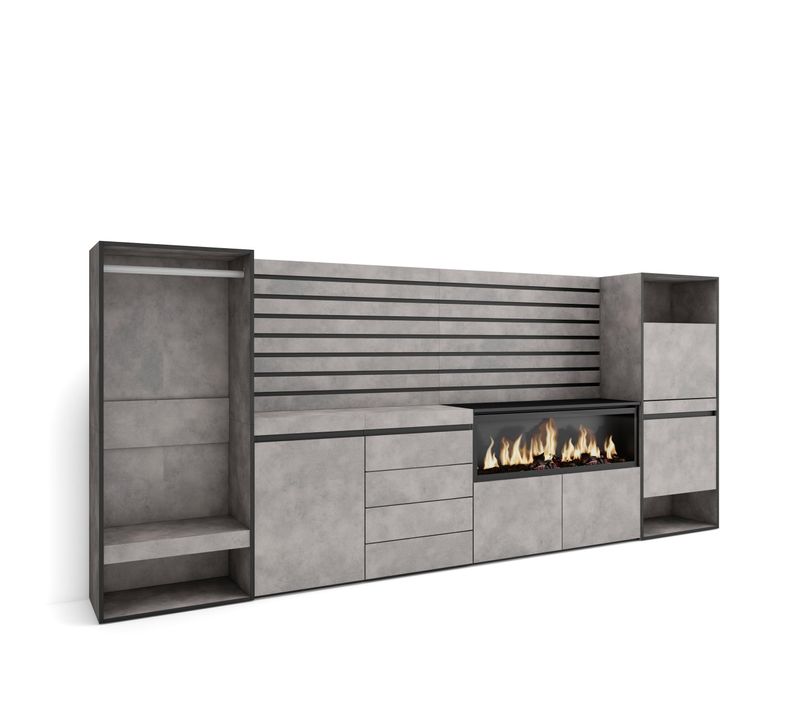 Buffet, 334x35x145cm, Cheminée Électrique XXL, Commode, Meuble à Chaussures, Vestiaire, Gris Ciment