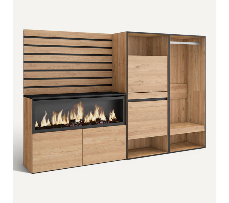 Buffet, 227x35x145cm, Cheminée électrique XXL, Meuble à Chaussures, Vestiaire Ouvert, Chêne