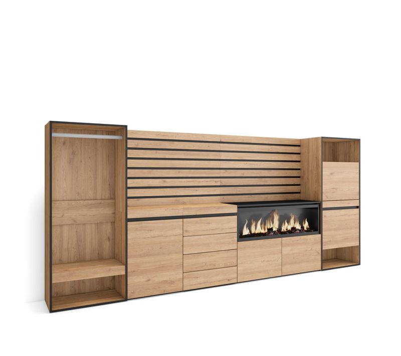 Buffet, 334x35x145cm, Cheminée Électrique XXL, Commode, Meuble à Chaussures, Vestiaire Ouvert, Chêne