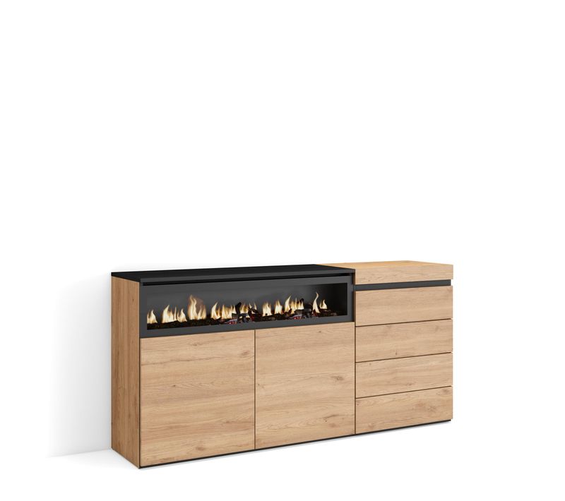 Buffet, 157x35x75cm, Cheminée Électrique, Commode, Buffet, Chêne