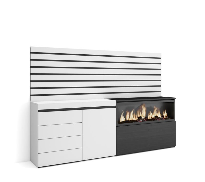 Buffet, 214x35x145cm, Cheminée Électrique XXL, Commode, Buffet, Blanc