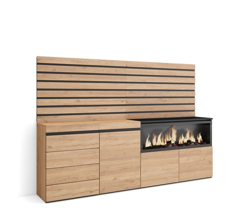 Buffet, 214x35x145cm, Cheminée Électrique XXL, Commode, Buffet, Chêne