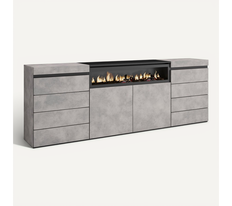 Buffet, 214x35x75cm, Commode, Armoire, Cheminée électrique, Gris Ciment