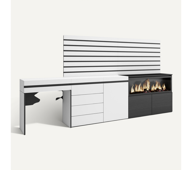 Coiffeuse, 284x35x145cm, Cheminée électrique XXL, Commode, Buffet, Panneaux Muraux En Bois, Blanc