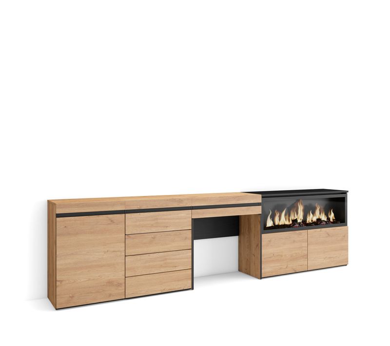 Coiffeuse, 284x35x75cm, Cheminée Électrique XXL, Commode, Buffet, Chêne