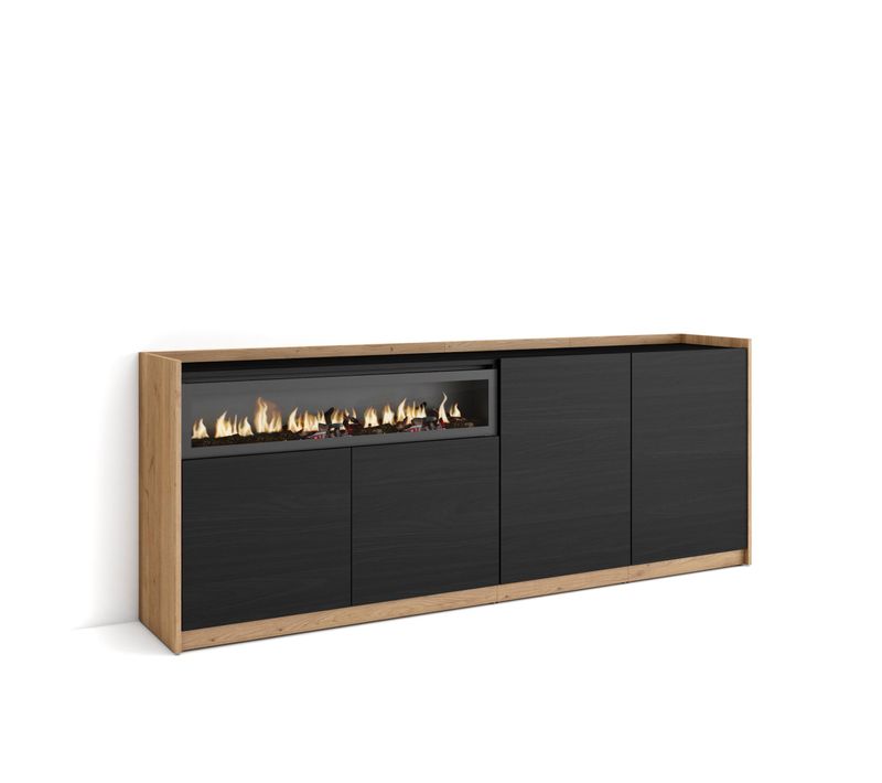 Buffet Salon Et Cuisine, 207x37x80cm, Cheminée Électrique, Noir Et Chêne