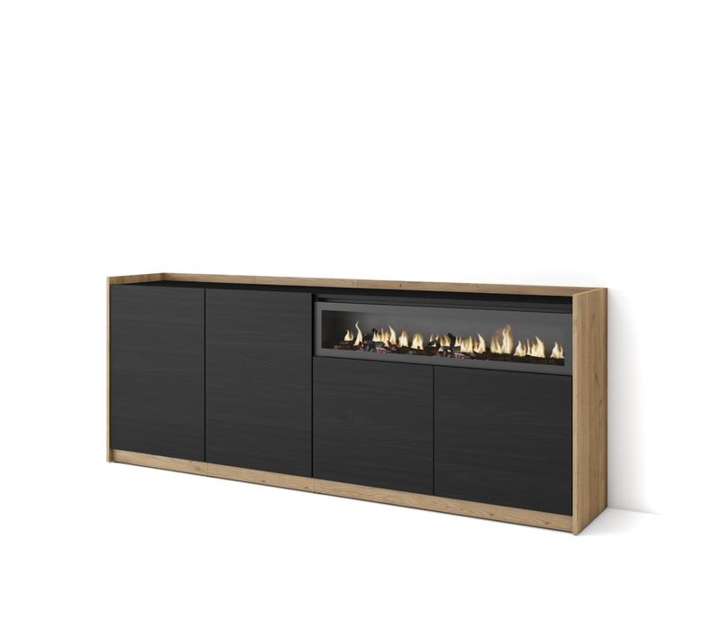 Buffet Salon Et Cuisine, 207x37x80cm, Cheminée Électrique, Noir Et Chêne