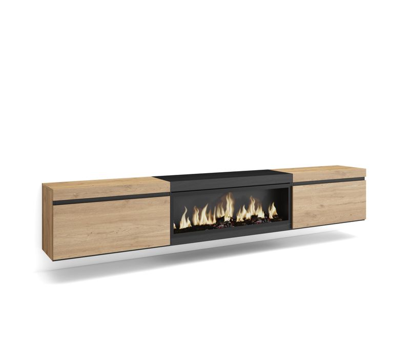 Meuble TV, Banc Télé, 267x35x45cm, Cheminée Électrique XXL, Suspendu, Mural, Chêne Et Noir