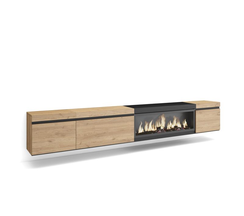 Meuble TV, Banc Télé, 288x35x45cm, Cheminée Électrique XXL, Suspendu, Mural, Chêne Et Noir