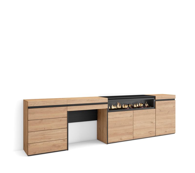 Buffet, 277x35x75cm, Cheminée Électrique, Commode, Buffet, Coiffeuse, Chêne