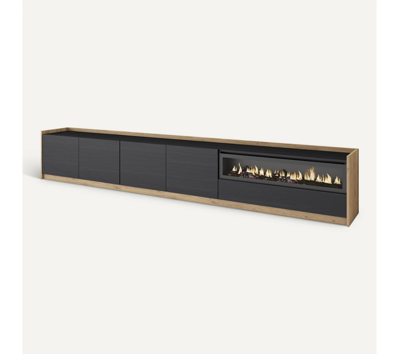 Meuble TV, Banc Télé, 310x37x50cm, Cheminée électrique, Noir Et Chêne