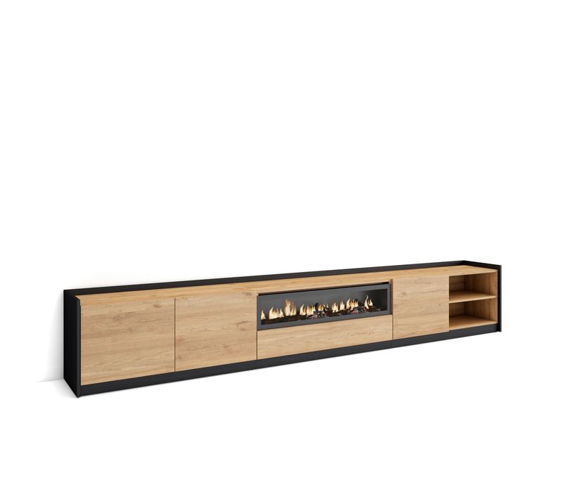 Meuble TV, Banc Télé, 310x37x50cm, Cheminée Électrique, Chêne Et Noir