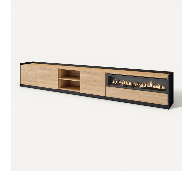 Meuble TV, Banc Télé, 310x37x50cm, Cheminée électrique, Chêne Et Noir