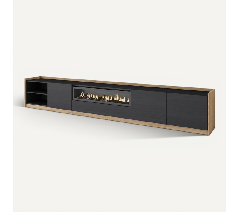 Meuble TV, Banc Télé, 310x37x50cm, Cheminée électrique, Noir Et Chêne