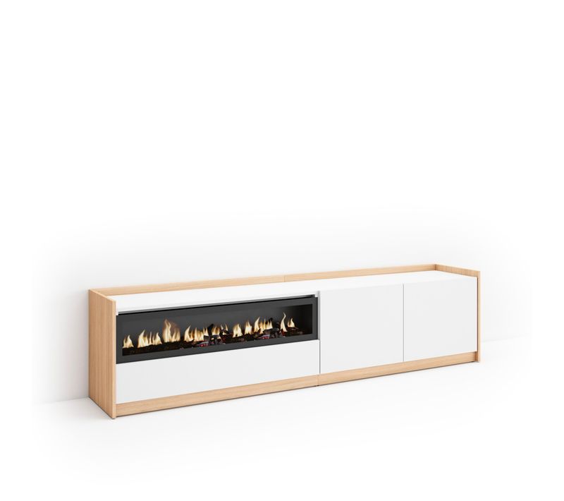 Meuble TV, Banc Télé, 207x37x50cm, Cheminée Électrique, Blanc Et Chêne Soft