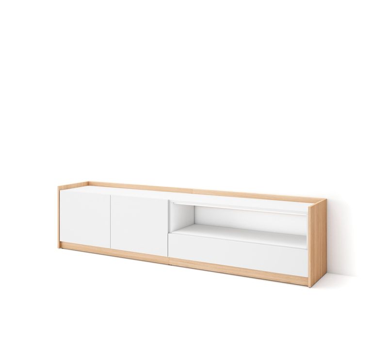 Meuble TV, Banc Télé, 207x37x50cm, Blanc Et Chêne Soft