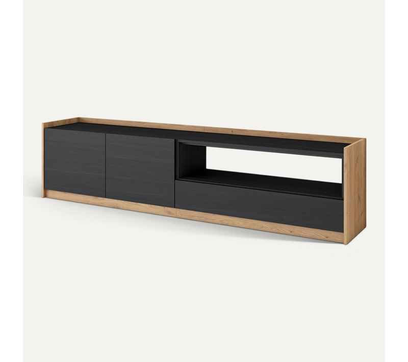 Meuble TV, Banc Télé, 207x37x50cm, Noir Et Chêne