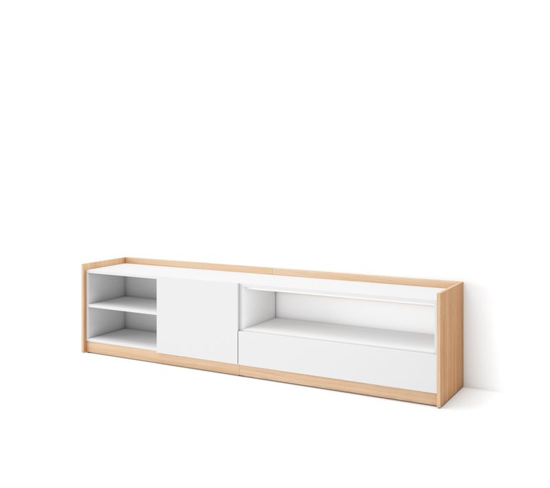 Meuble TV, Banc Télé, 207x37x50cm, Blanc Et Chêne Soft