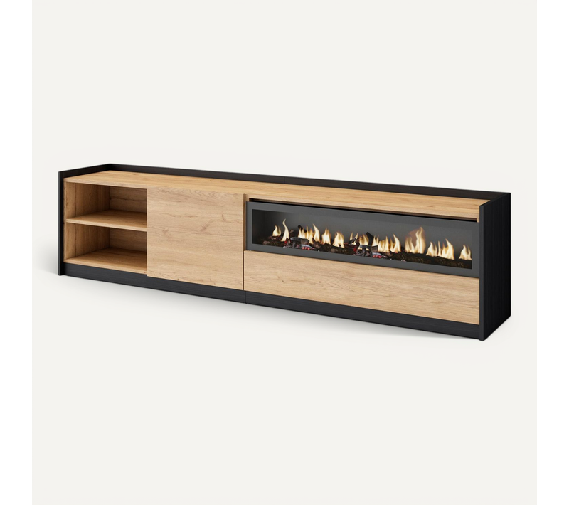 Meuble TV, Banc Télé, 207x37x50cm, Cheminée électrique, Chêne Et Noir