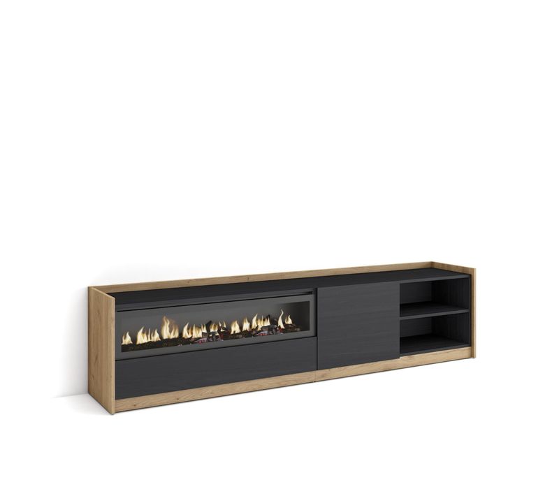 Meuble TV, Banc Télé, 207x37x50cm, Cheminée Électrique, Noir Et Chêne