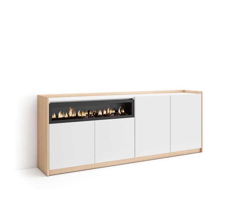 Buffet Salon Et Cuisine, 207x37x80cm, Cheminée Électrique, Blanc Et Chêne Soft