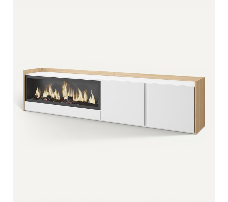 Meuble TV, Banc Télé, 212x35x50cm, Cheminée électrique XXL, Suspendu, Mural, LED, Blanc, Chêne Soft