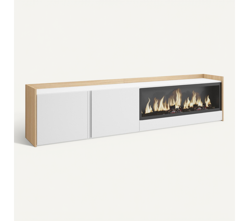 Meuble TV, Banc Télé, 212x35x50cm, Cheminée électrique XXL, Suspendu, Mural, LED, Blanc, Chêne Soft