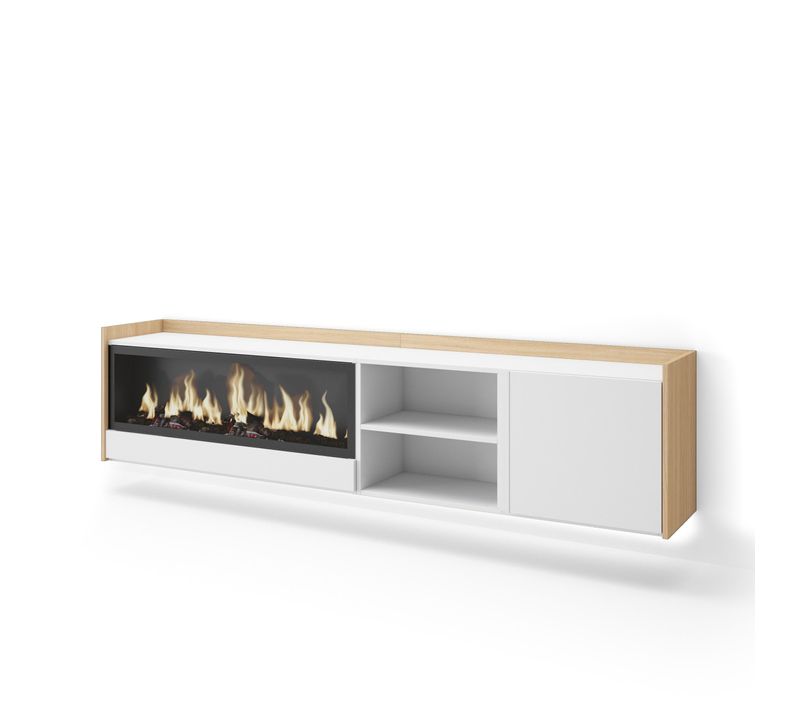 Meuble TV, Banc Télé, 212x35x50cm, Cheminée électrique XXL, Suspendu, Mural, LED, Blanc, Chêne Soft
