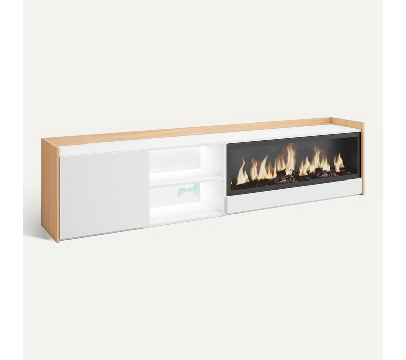 Meuble TV, Banc Télé, 212x35x50cm, Cheminée électrique XXL, LED, Blanc Et Chêne Soft