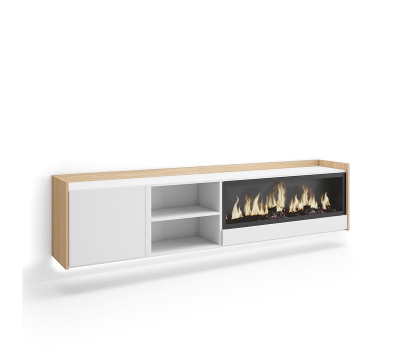 Meuble TV, Banc Télé, 212x35x50cm, Cheminée électrique XXL, Suspendu, Mural, LED, Blanc, Chêne Soft