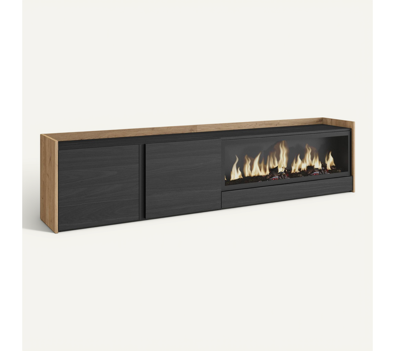 Meuble TV, Banc Télé, 212x35x50cm, Cheminée électrique XXL, Suspendu, Mural, LED, Noir Et Chêne