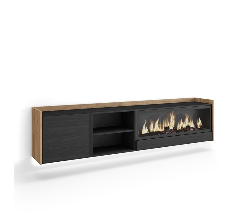 Meuble TV, Banc Télé, 212x35x50cm, Cheminée électrique XXL, Suspendu, Mural, LED, Noir Et Chêne