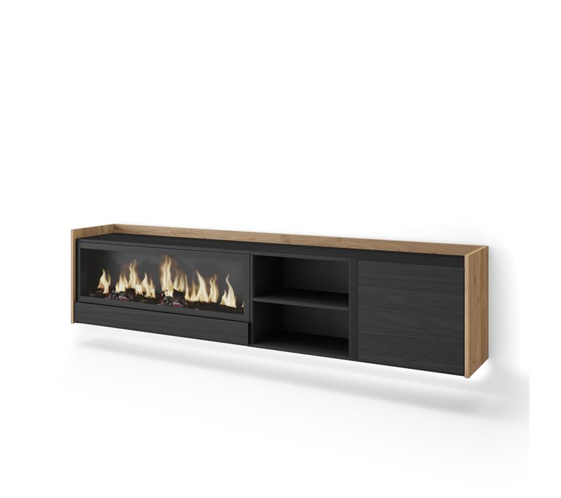 Meuble TV, Banc Télé, 212x35x50cm, Cheminée électrique XXL, Suspendu, Mural, LED, Noir Et Chêne