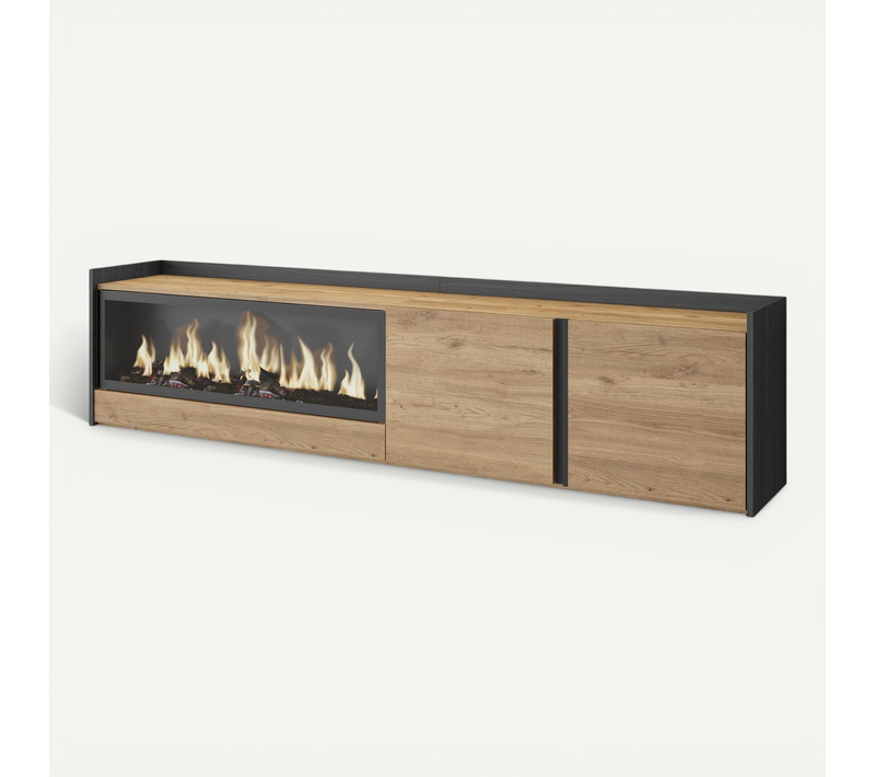 Meuble TV, Banc Télé, 212x35x50cm, Cheminée électrique XXL, Suspendu, Mural, LED, Chêne Et Noir