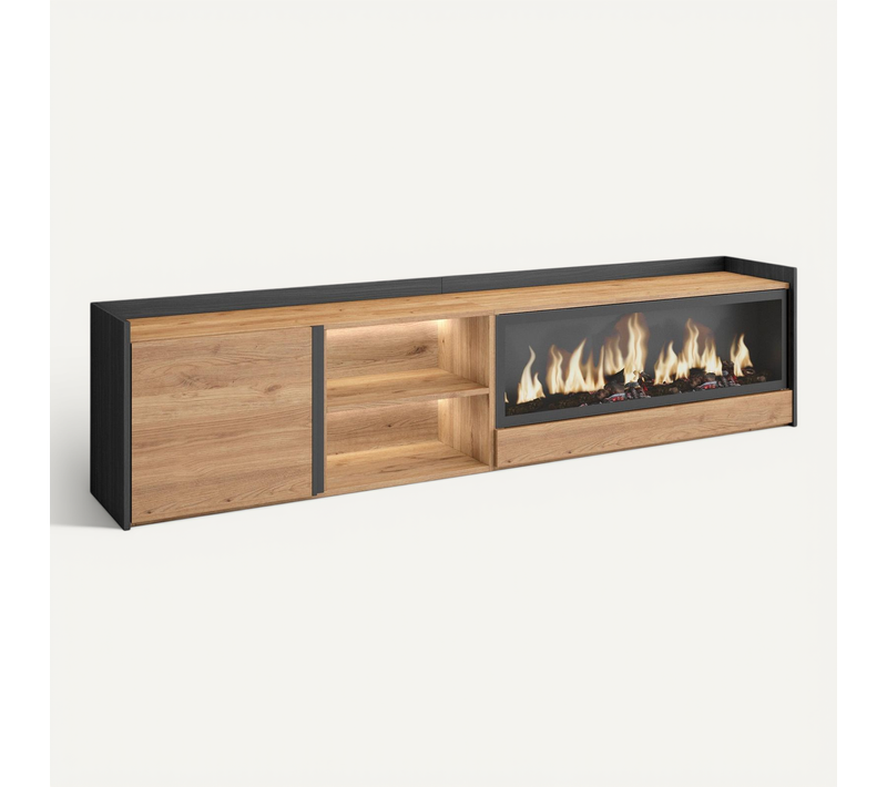 Meuble TV, Banc Télé, 212x35x50cm, Cheminée électrique XXL, LED, Chêne Et Noir