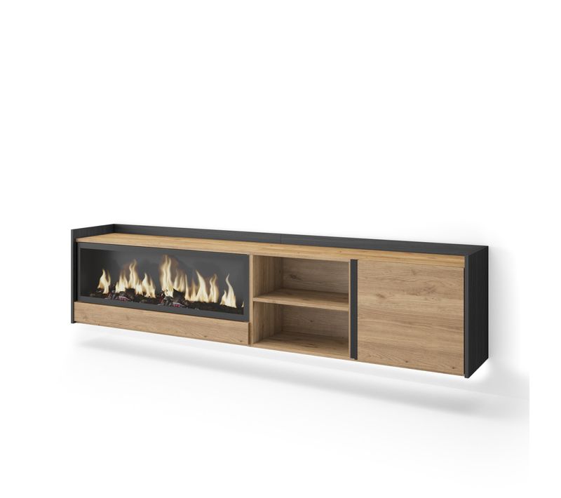 Meuble TV, Banc Télé, 212x35x50cm, Cheminée électrique XXL, Suspendu, Mural, LED, Chêne Et Noir