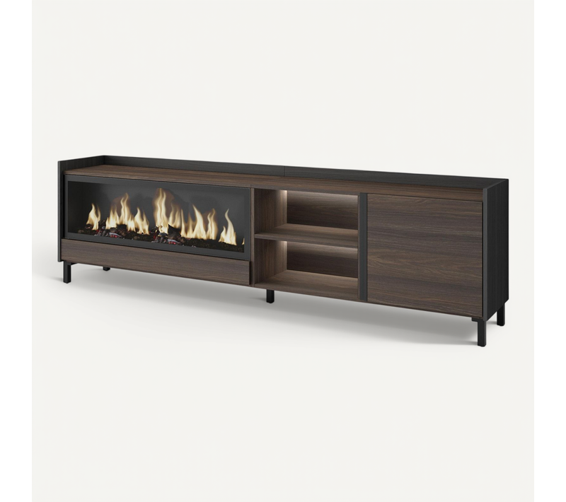 Meuble TV, Banc Télé, 212x35x61cm, Cheminée électrique XXL, Industriel, LED, Chêne Foncé Et Noir