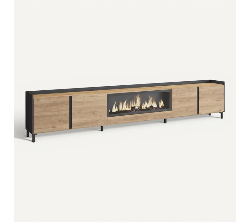 Meuble TV, Banc Télé, 315x35x61cm, Cheminée électrique XXL, Design Industriel, LED, Chêne Et Noir