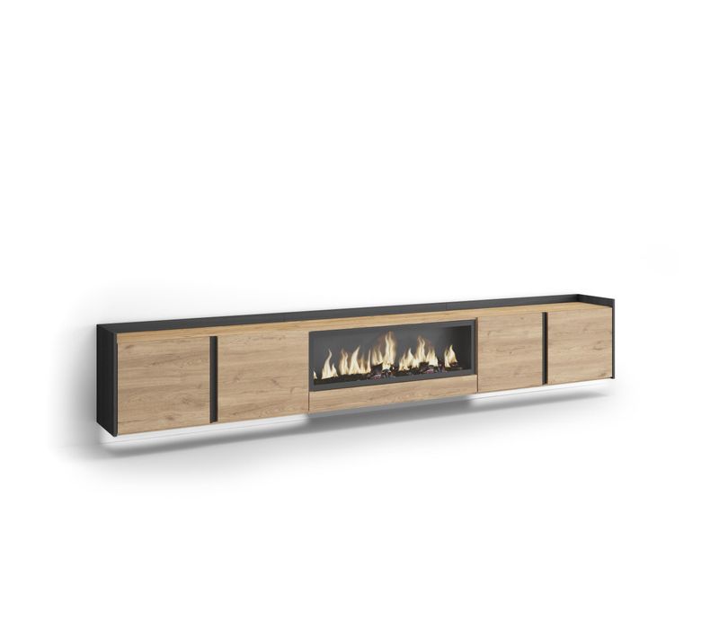 Meuble TV, Banc Télé, 315x35x50cm, Cheminée électrique XXL, Suspendu, Mural, LED, Chêne Et Noir