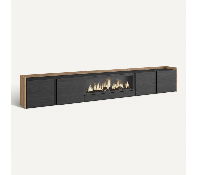 Meuble TV, Banc Télé, 315x35x50cm, Cheminée électrique XXL, Suspendu, Mural, LED, Noir Et Chêne