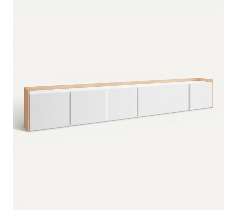 Meuble TV, Banc Télé, 309x35x50cm, Suspendu, Mural, LED, Blanc Et Chêne Soft