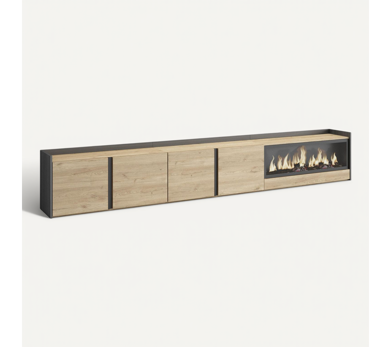 Meuble TV, Banc Télé, 315x35x50cm, Cheminée électrique XXL, LED, Chêne Et Noir