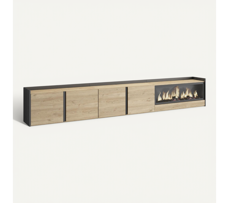 Meuble TV, Banc Télé, 315x35x50cm, Cheminée électrique XXL, Suspendu, Mural, LED, Chêne Et Noir