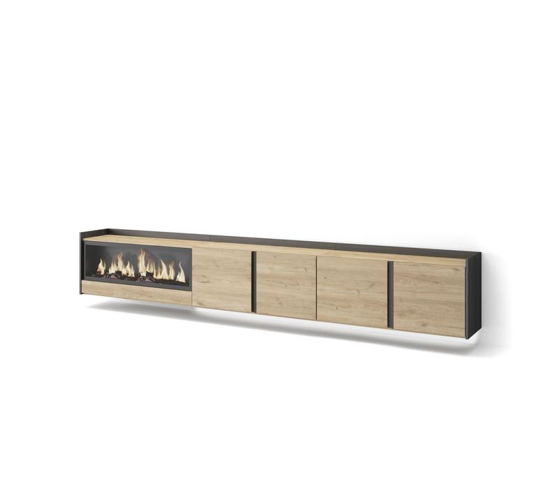 Meuble TV, Banc Télé, 315x35x50cm, Cheminée électrique XXL, Suspendu, Mural, LED, Chêne Et Noir