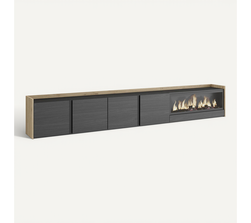 Meuble TV, Banc Télé, 315x35x50cm, Cheminée électrique XXL, Suspendu, Mural, LED, Noir Et Chêne
