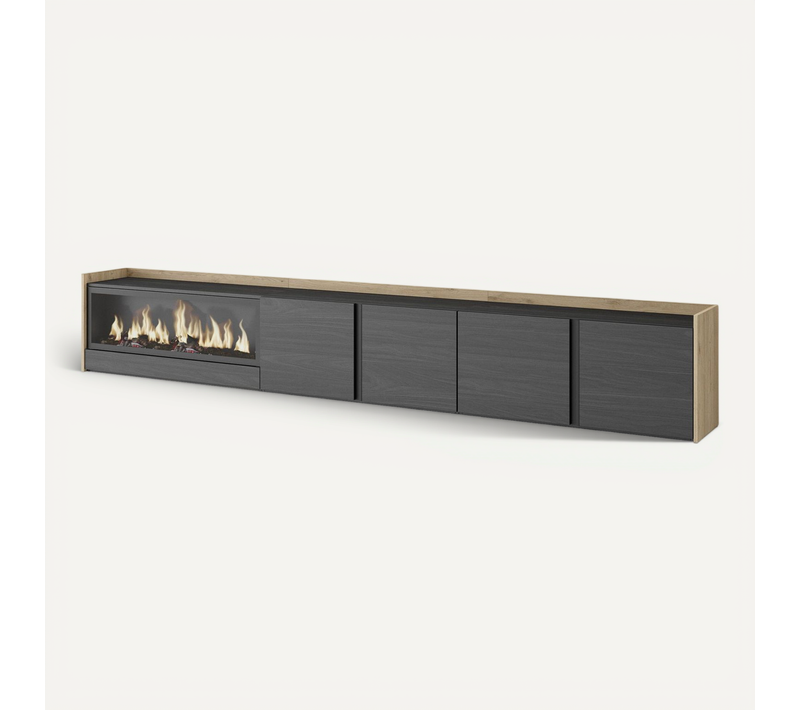 Meuble TV, Banc Télé, 315x35x50cm, Cheminée électrique XXL, Suspendu, Mural, LED, Noir Et Chêne