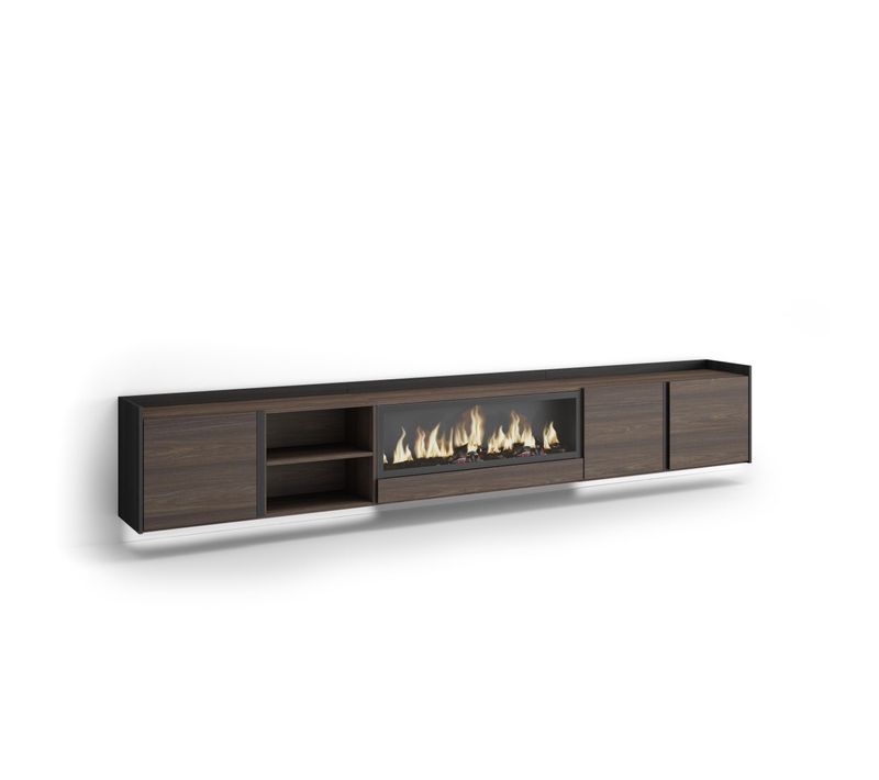Meuble TV, Banc Télé, 315x35x50cm, Cheminée électrique XXL, Suspendu, Mural, LED, Chêne Foncé, Noir