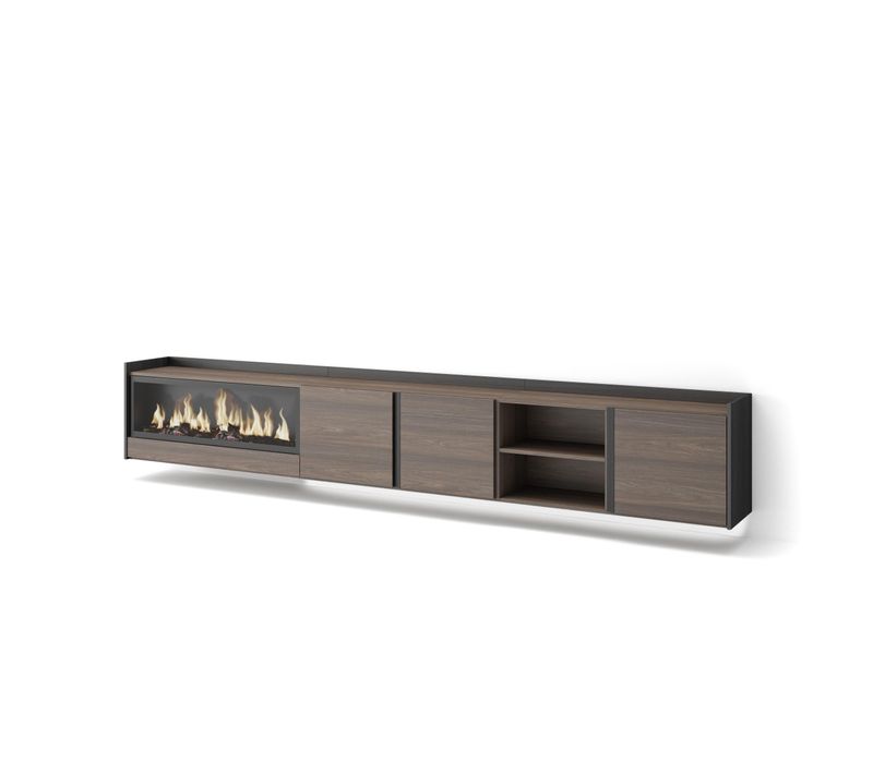 Meuble TV, Banc Télé, 315x35x50cm, Cheminée électrique XXL, Suspendu, Mural, LED, Chêne Foncé, Noir