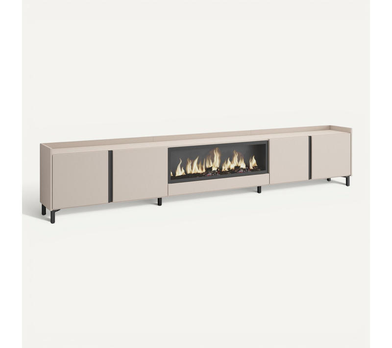 Meuble TV, Banc Télé, 315x35x61cm, Cheminée électrique XXL, Design Industriel, LED, Beige