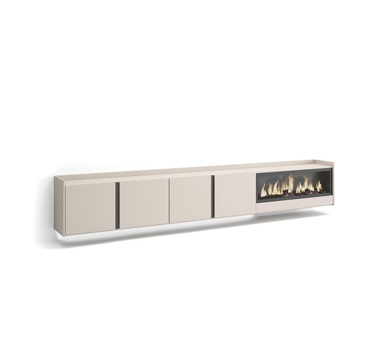 Meuble TV, Banc Télé, 315x35x50cm, Cheminée électrique XXL, Suspendu, Mural, LED, Beige